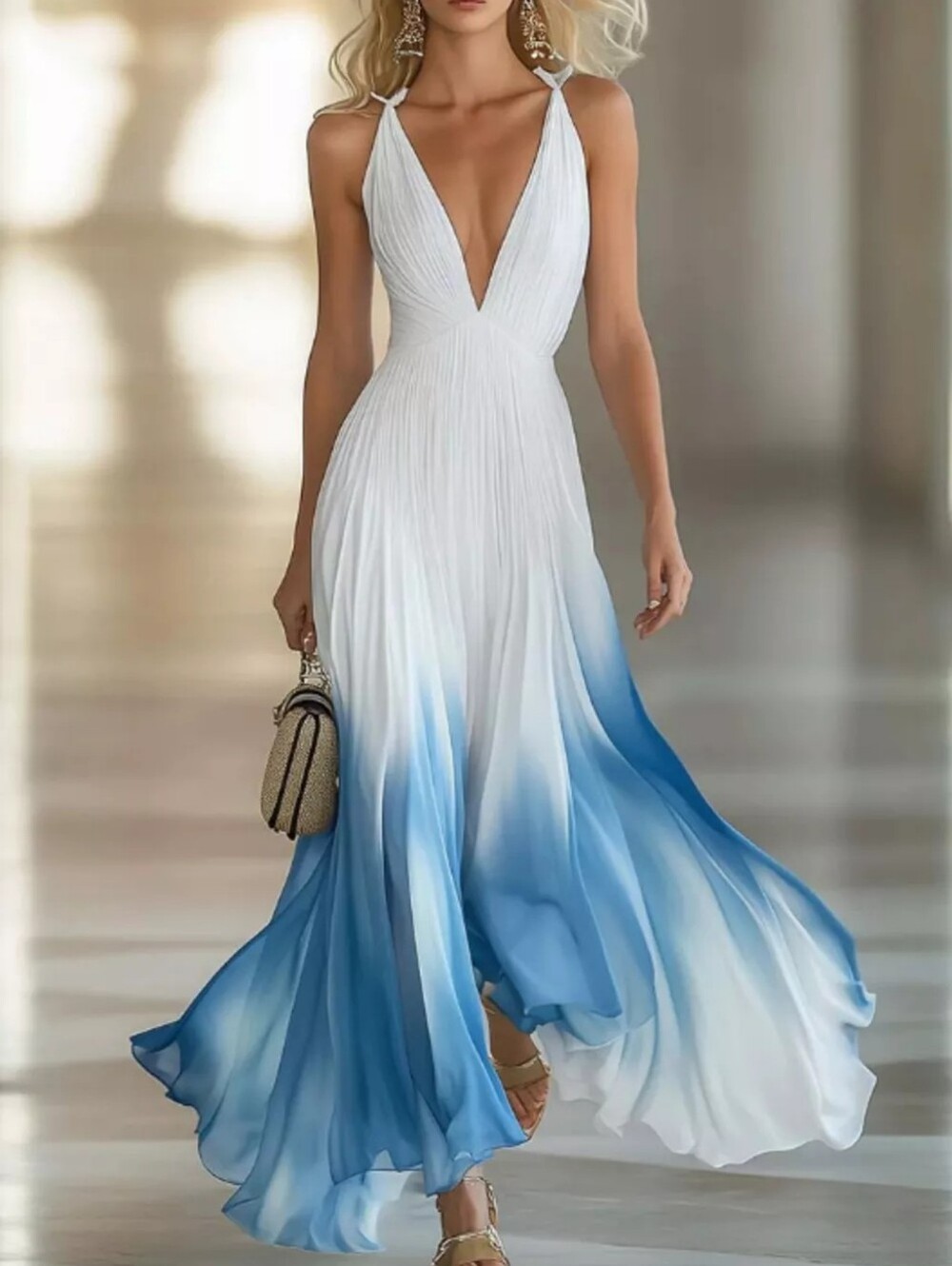 Gradient Deep V-Neck Maxi Dress